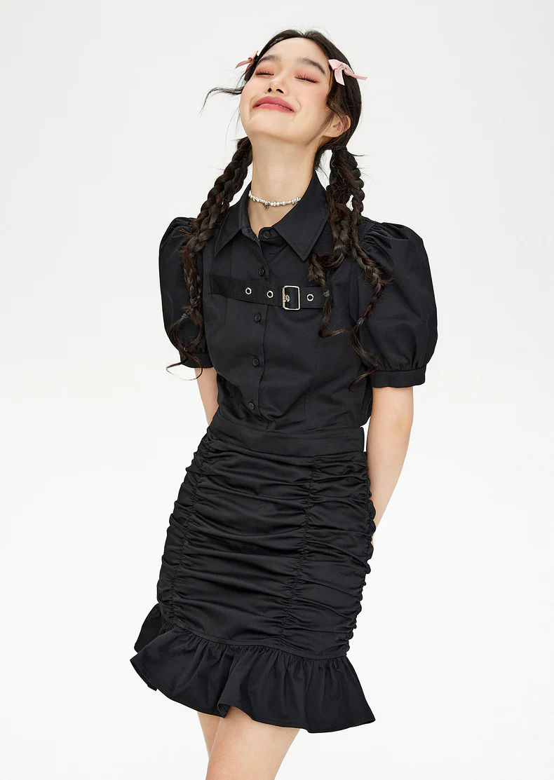 Puff Sleeve Ruffle Hem Ruched Midi Dress with Belt Detail - Image 6