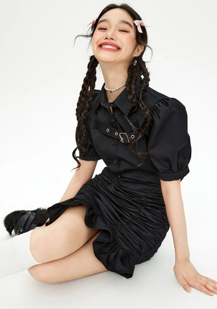 Puff Sleeve Ruffle Hem Ruched Midi Dress with Belt Detail - Image 7