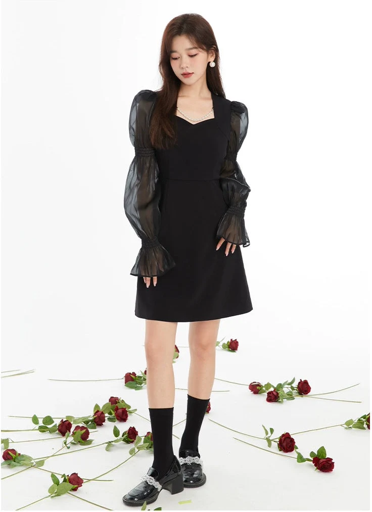 Puff Sleeve Sheer Panel Mini Dress - Image 11