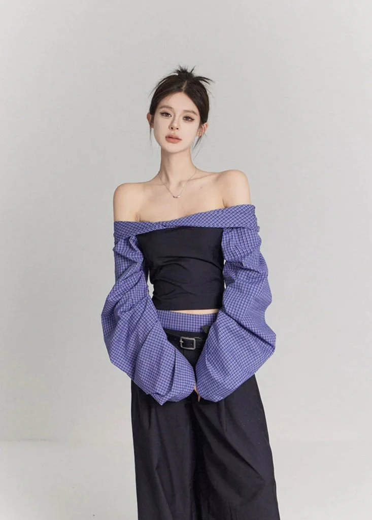 Puff Sleeve Two-Tone Off-Shoulder Plaid Crop Top - Image 2