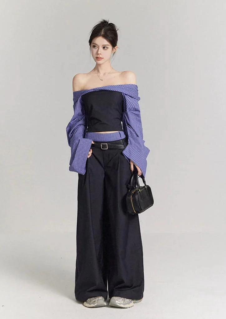 Puff Sleeve Two-Tone Off-Shoulder Plaid Crop Top - Image 3