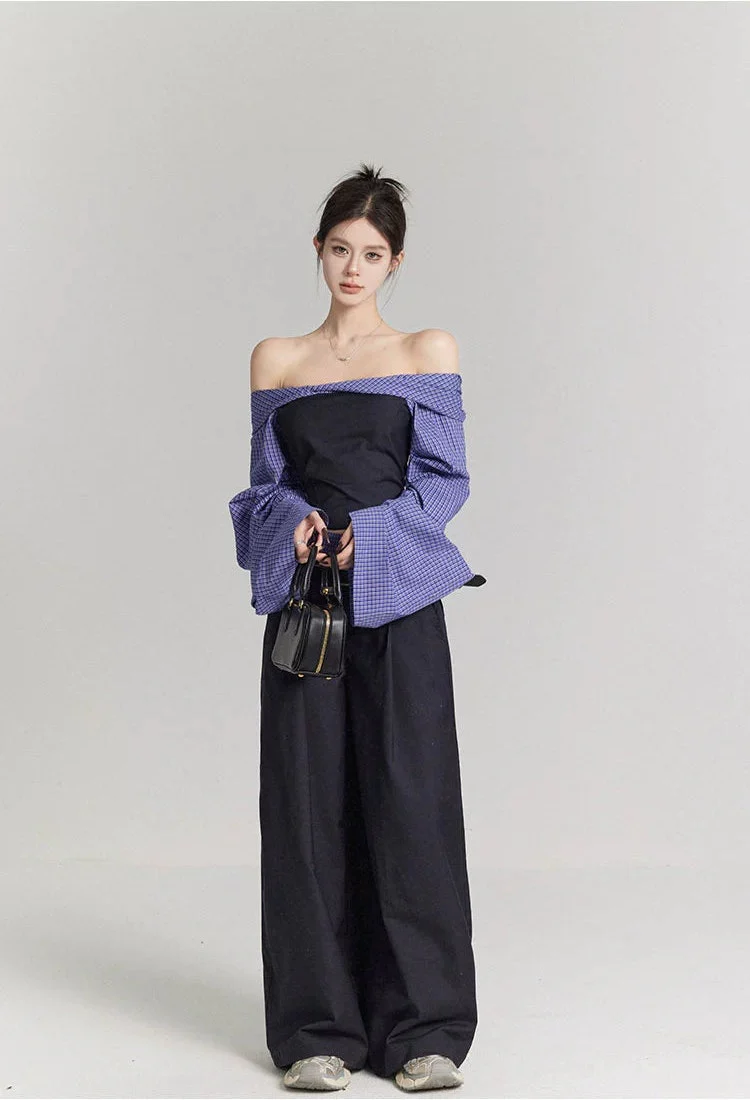 Puff Sleeve Two-Tone Off-Shoulder Plaid Crop Top - Image 6