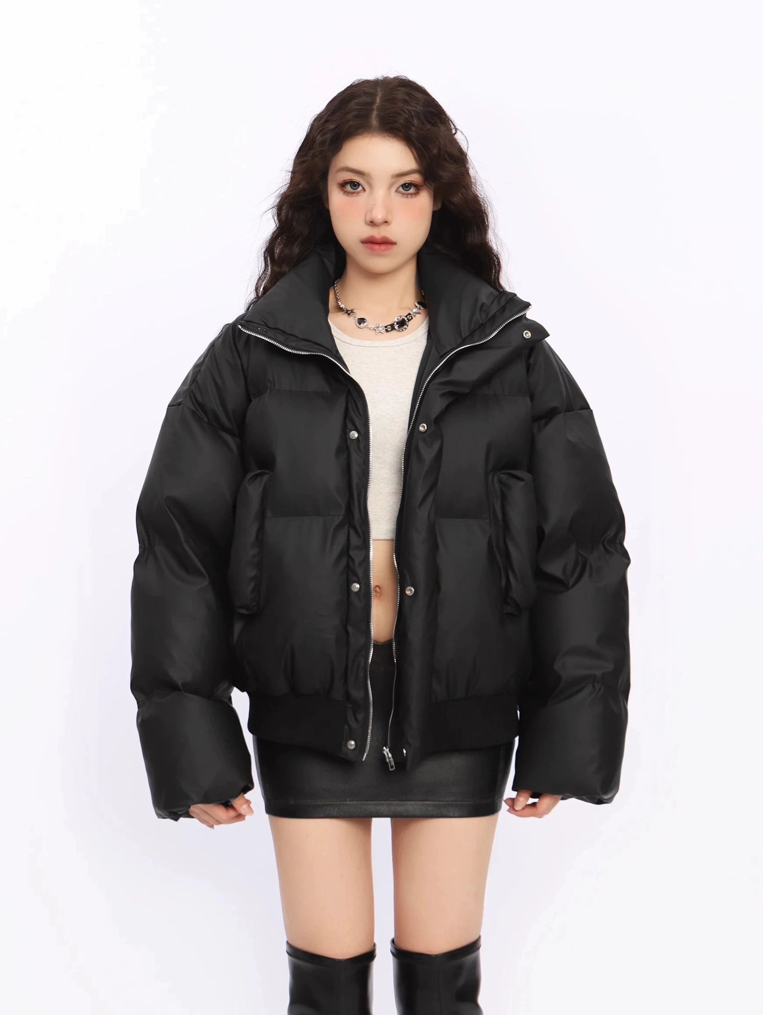 Puffer Jacket with Stand Collar and Elastic Hem - Image 19