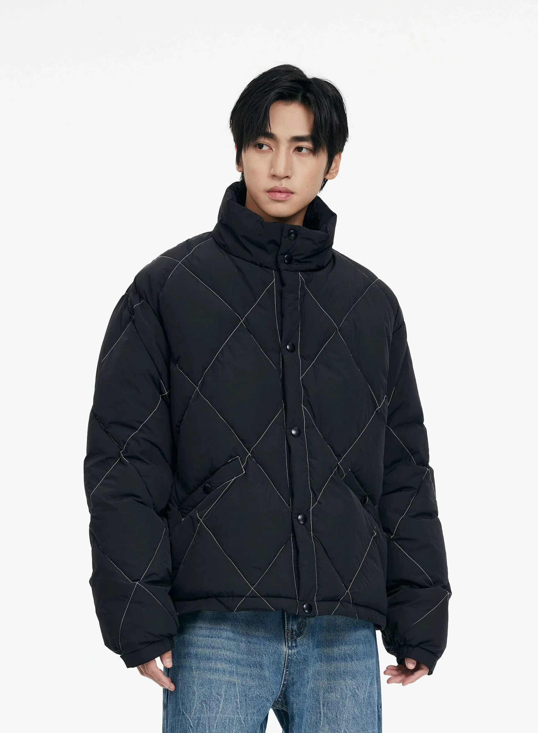 Quilted Contrast Stitch High Collar Puffer Jacket - Image 2