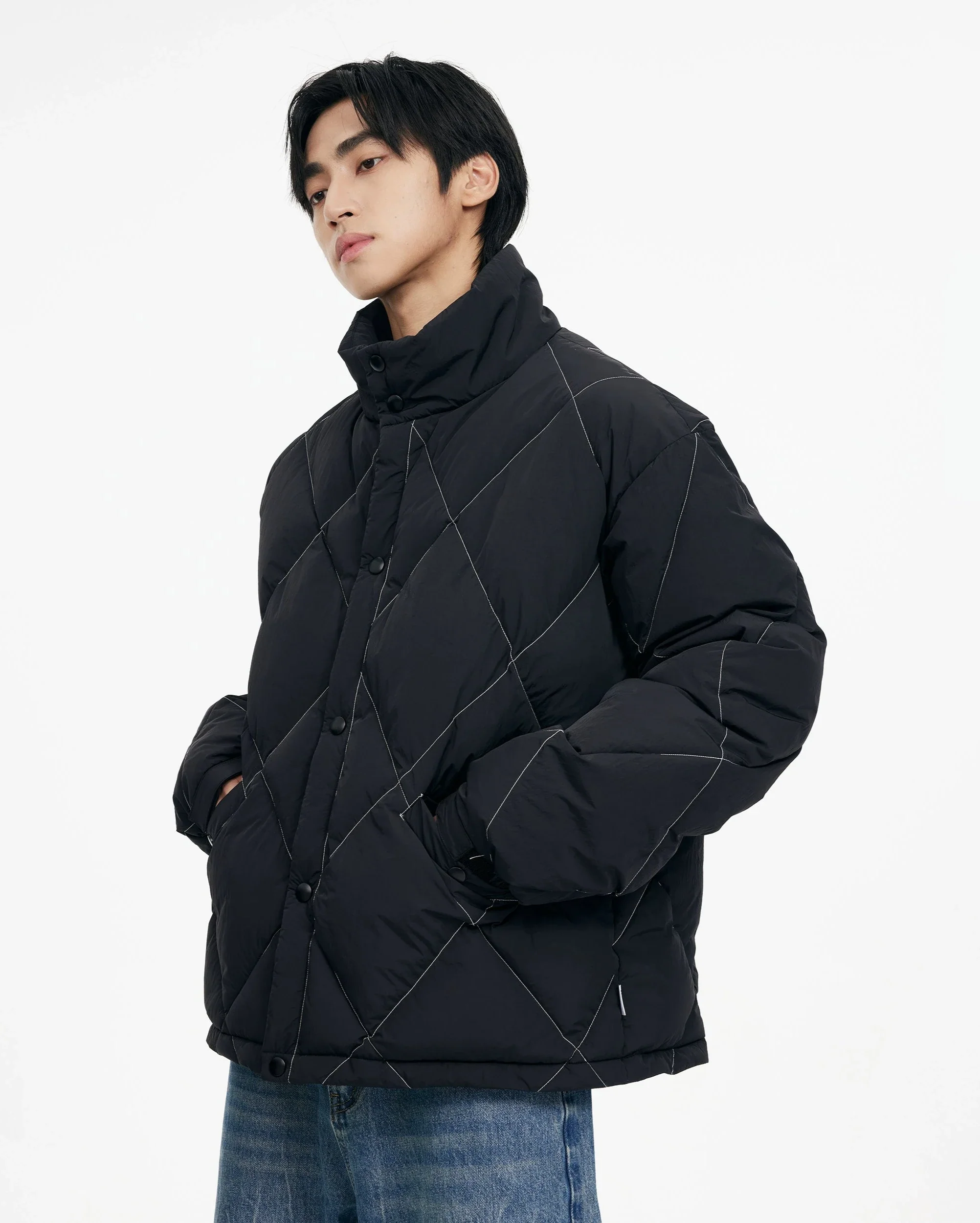 Quilted Contrast Stitch High Collar Puffer Jacket - Image 3