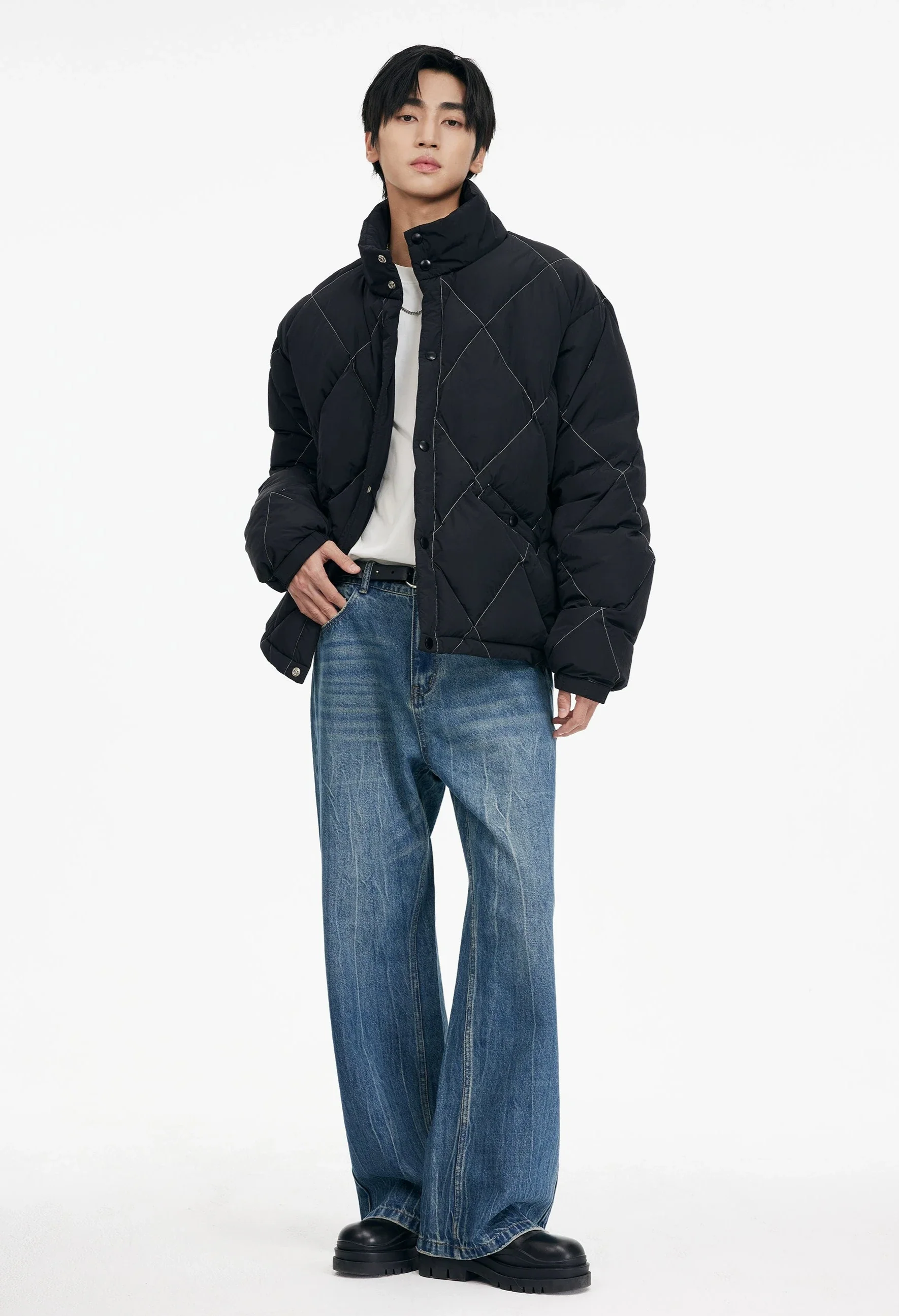 Quilted Contrast Stitch High Collar Puffer Jacket - Image 4