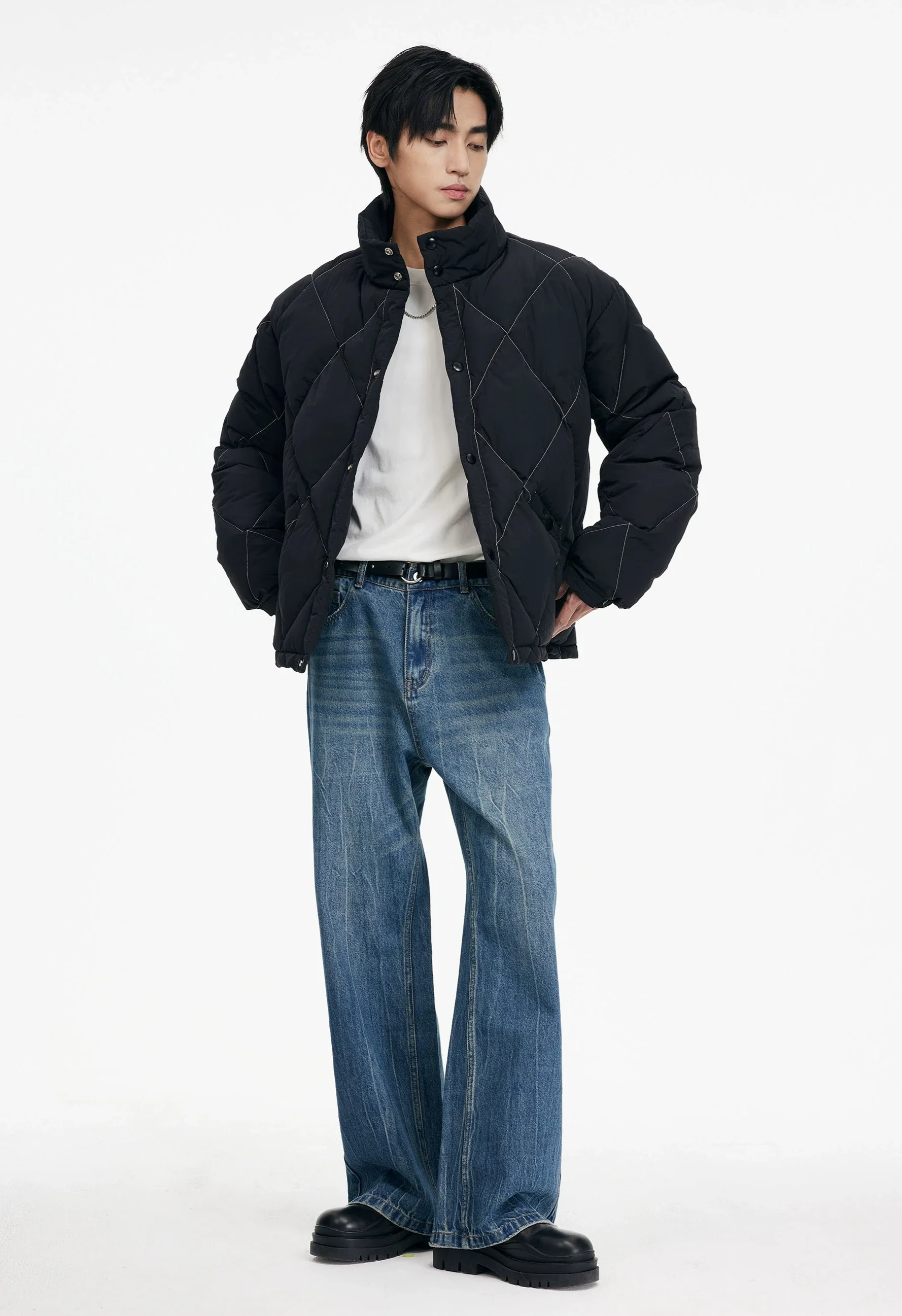 Quilted Contrast Stitch High Collar Puffer Jacket - Image 5
