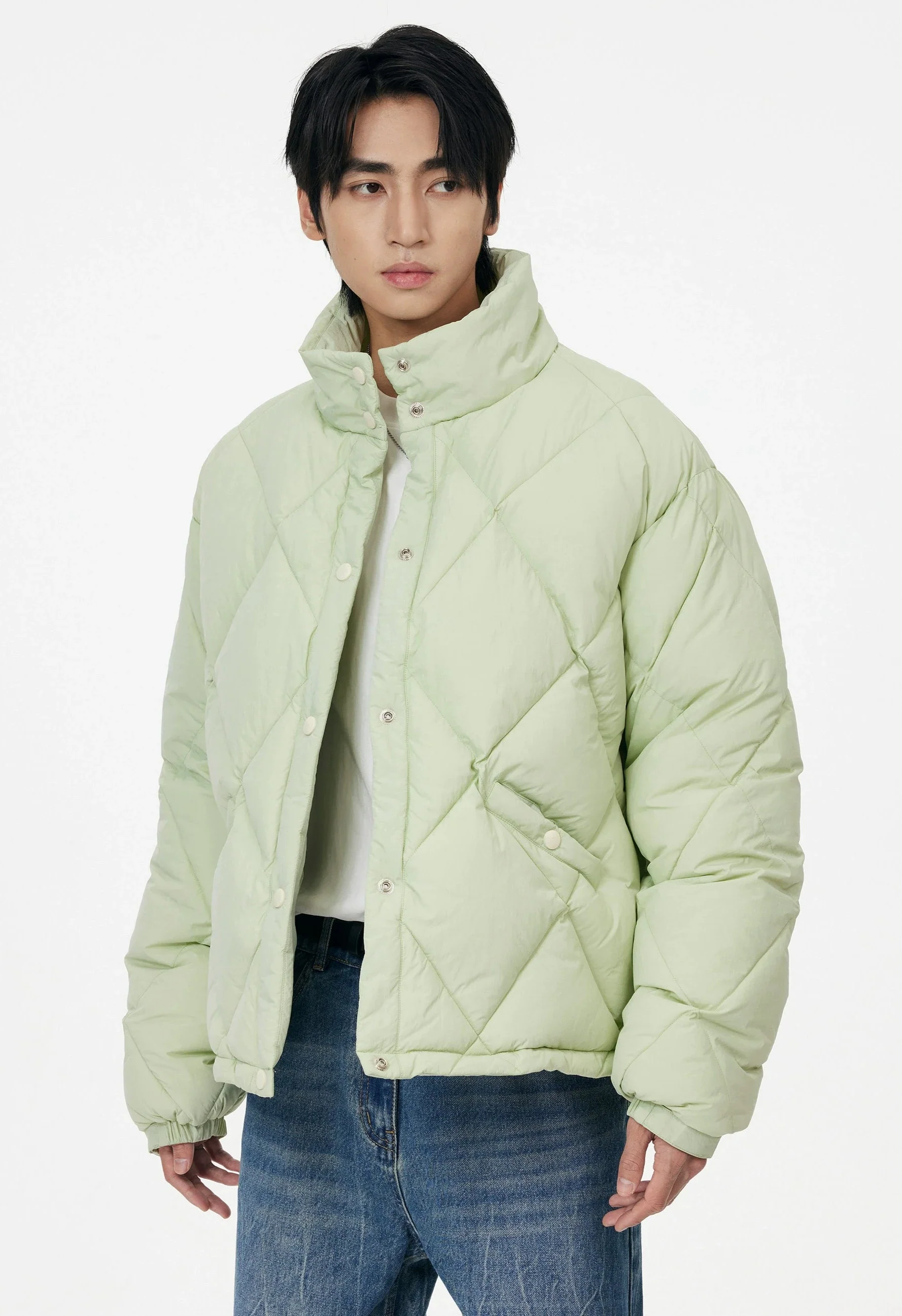 Quilted Contrast Stitch High Collar Puffer Jacket - Image 7