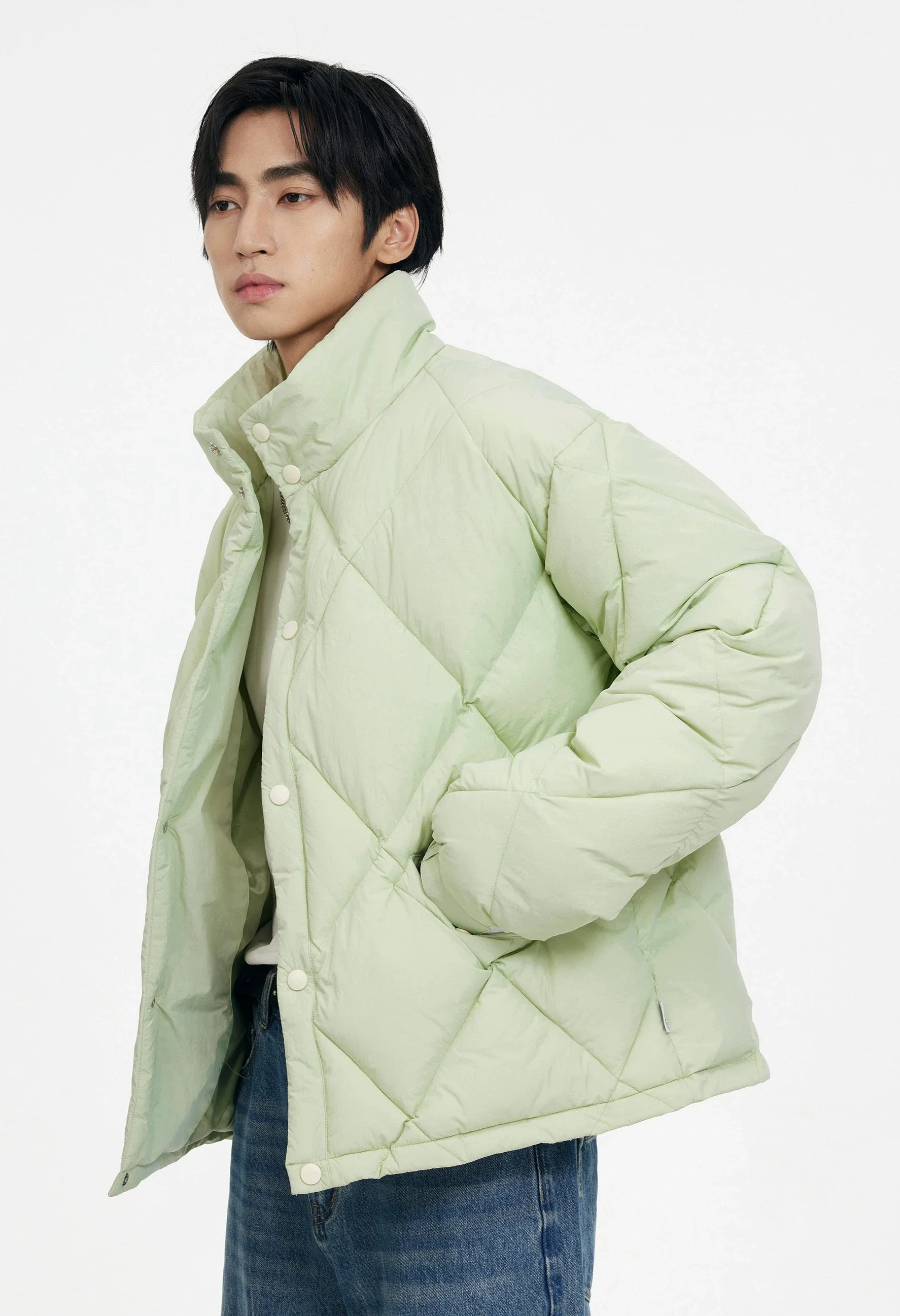 Quilted Contrast Stitch High Collar Puffer Jacket - Image 8