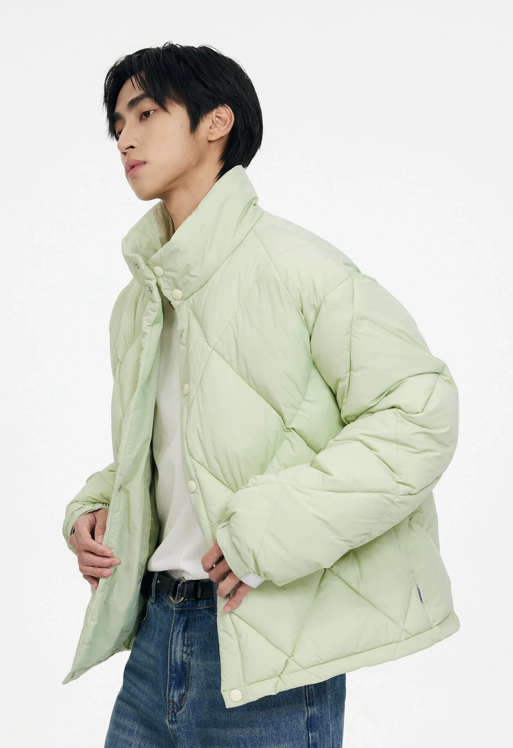 Quilted Contrast Stitch High Collar Puffer Jacket - Image 9