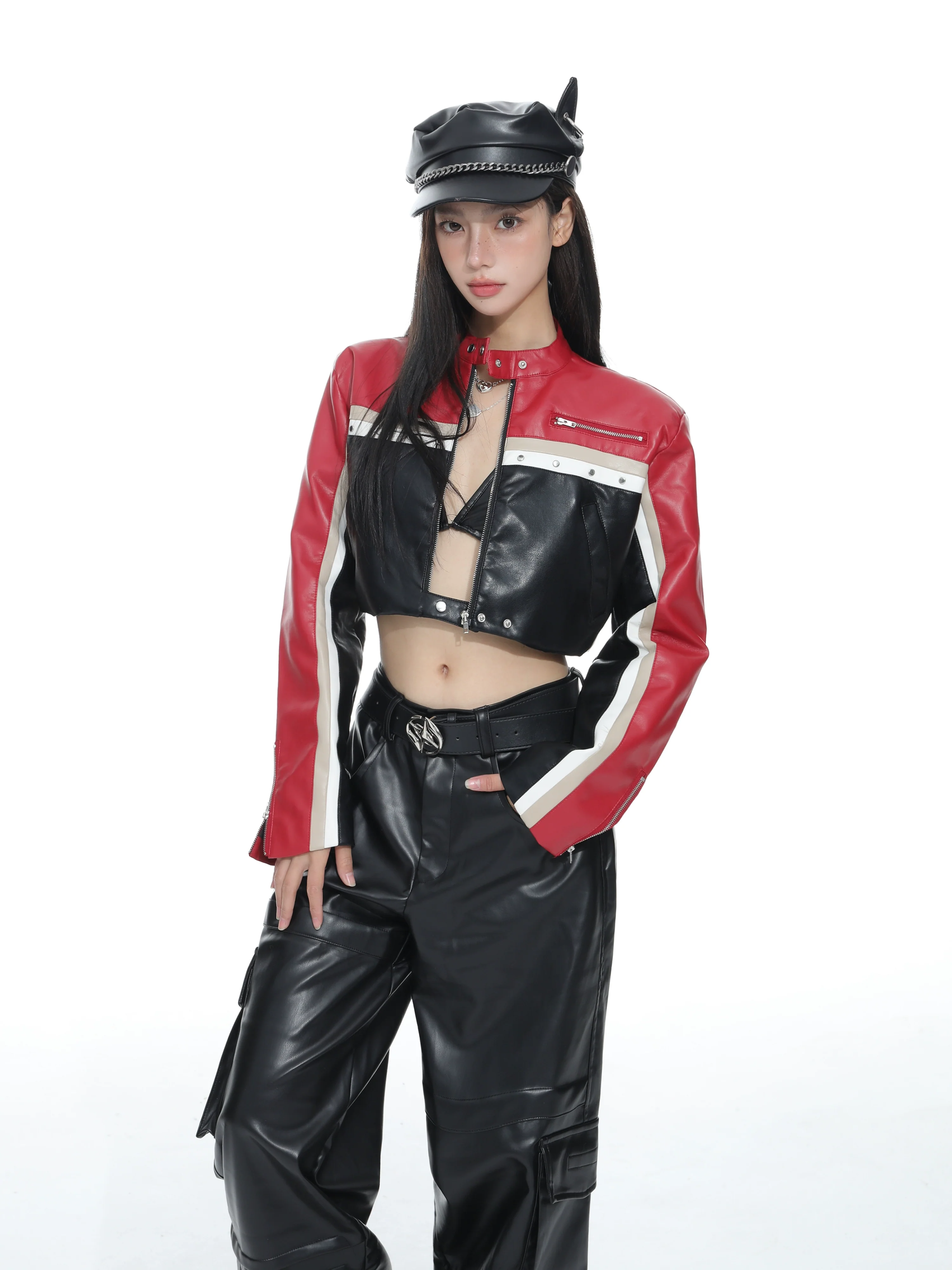 Racer Color-Block Cropped Leather Zip Jacket - Image 3
