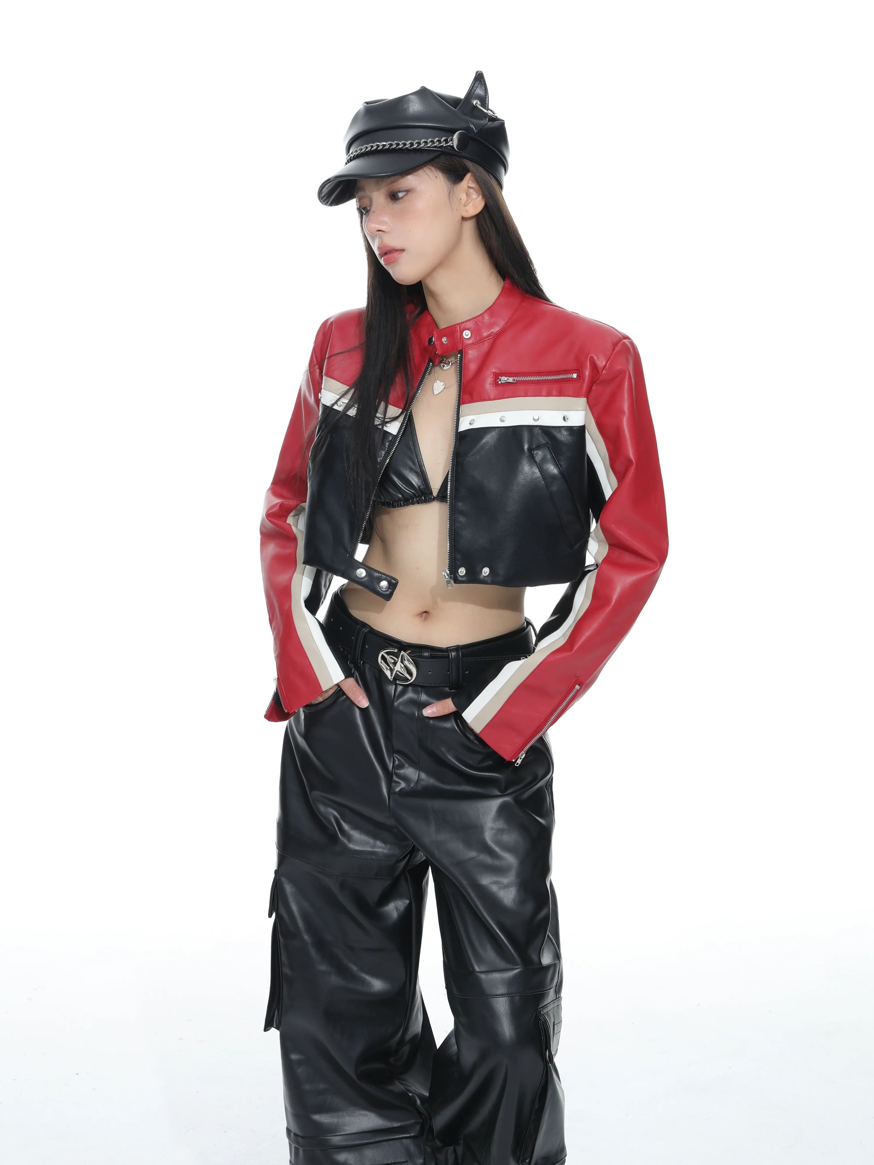 Racer Color-Block Cropped Leather Zip Jacket - Image 4