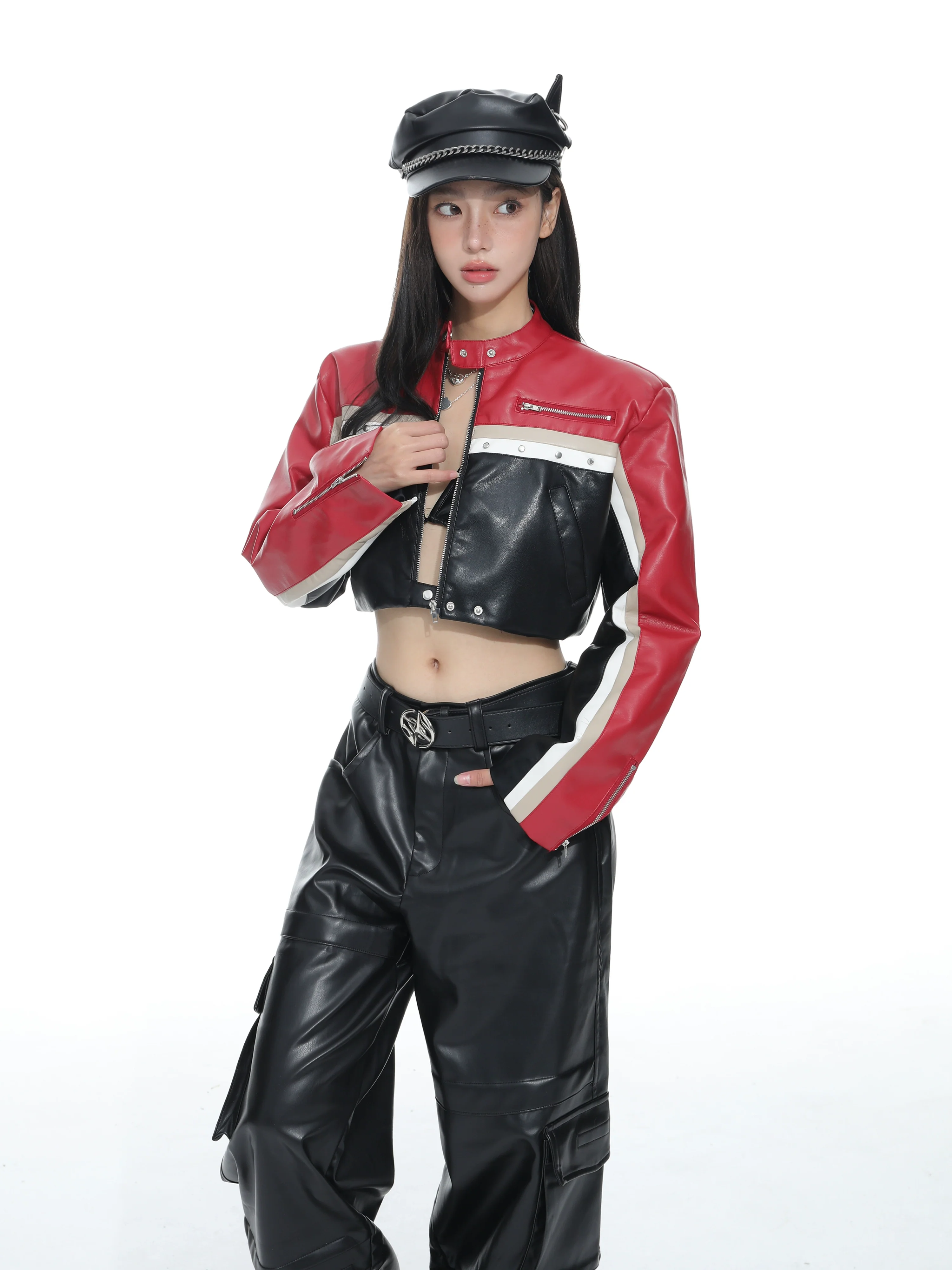 Racer Color-Block Cropped Leather Zip Jacket - Image 5