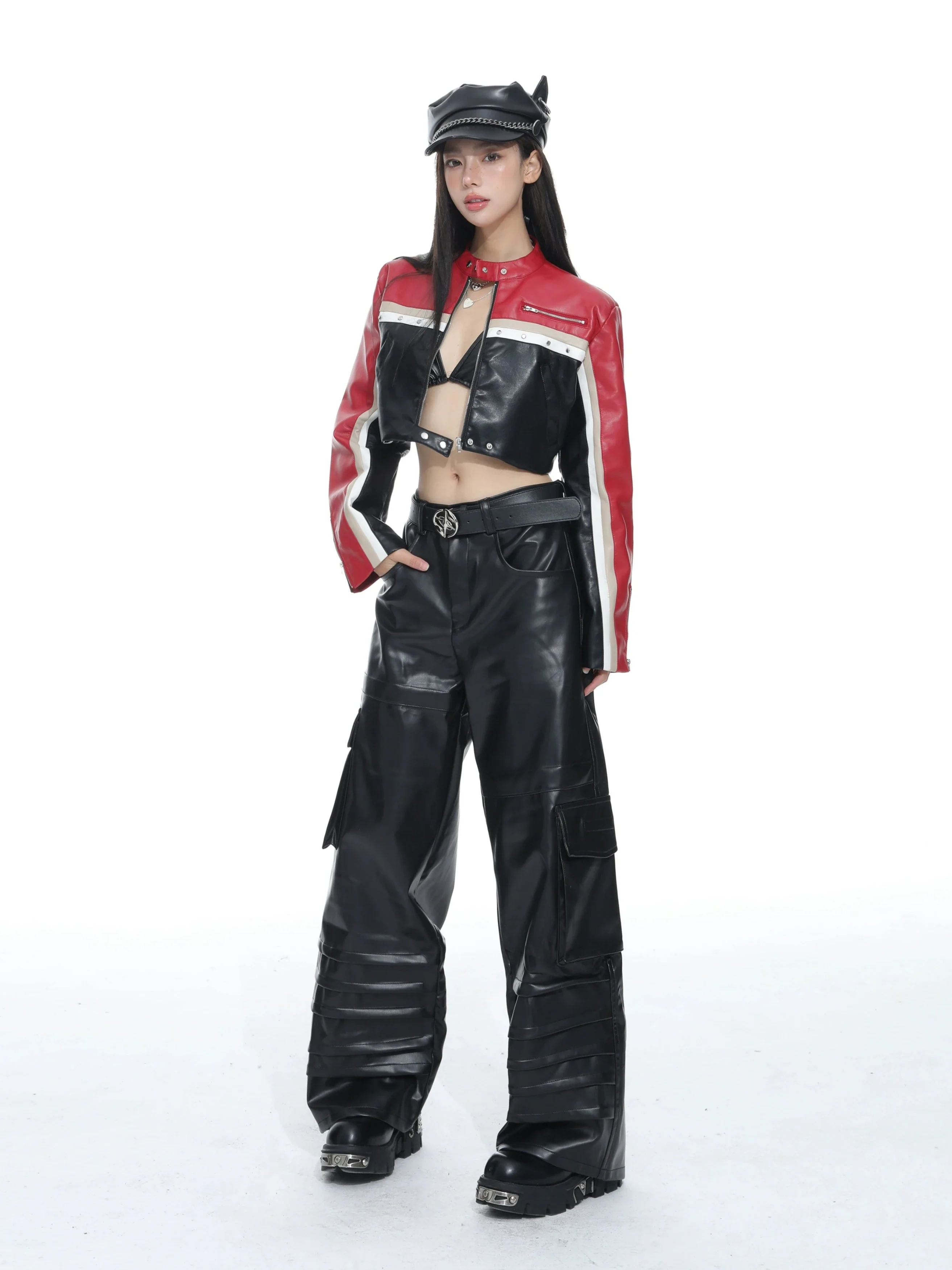 Racer Color-Block Cropped Leather Zip Jacket - Image 6