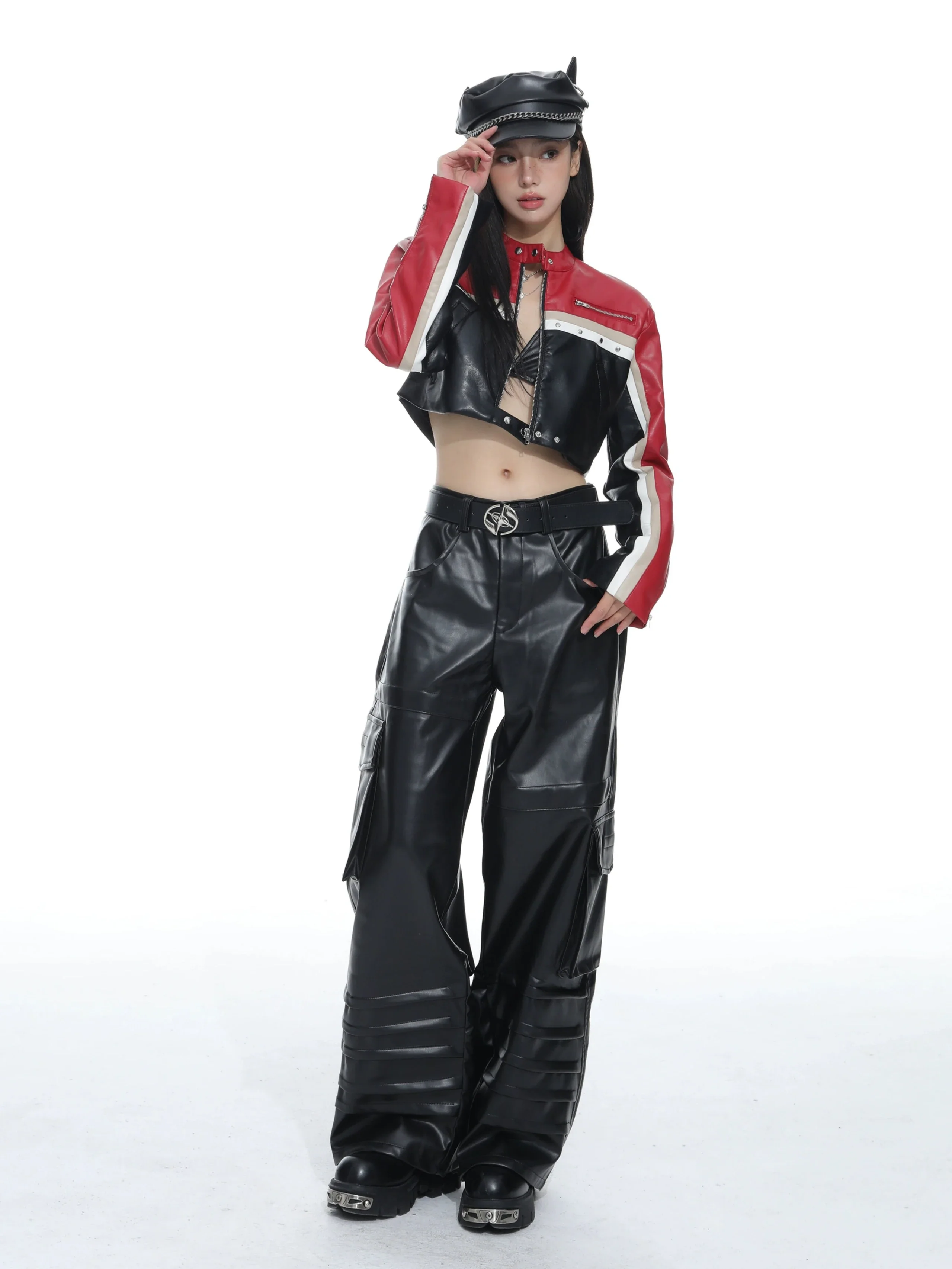 Racer Color-Block Cropped Leather Zip Jacket - Image 7