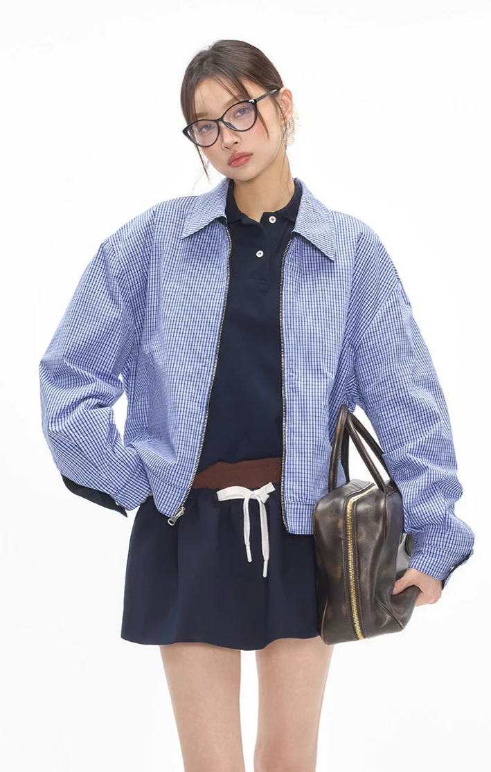 Reversible Zip-Up Gingham Check Collared Jacket - Image 2