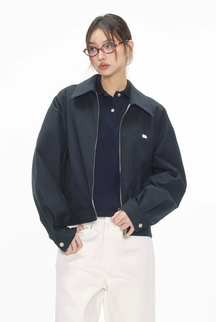 Reversible Zip-Up Gingham Check Collared Jacket - Image 6