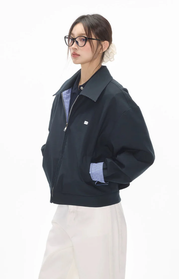 Reversible Zip-Up Gingham Check Collared Jacket - Image 9