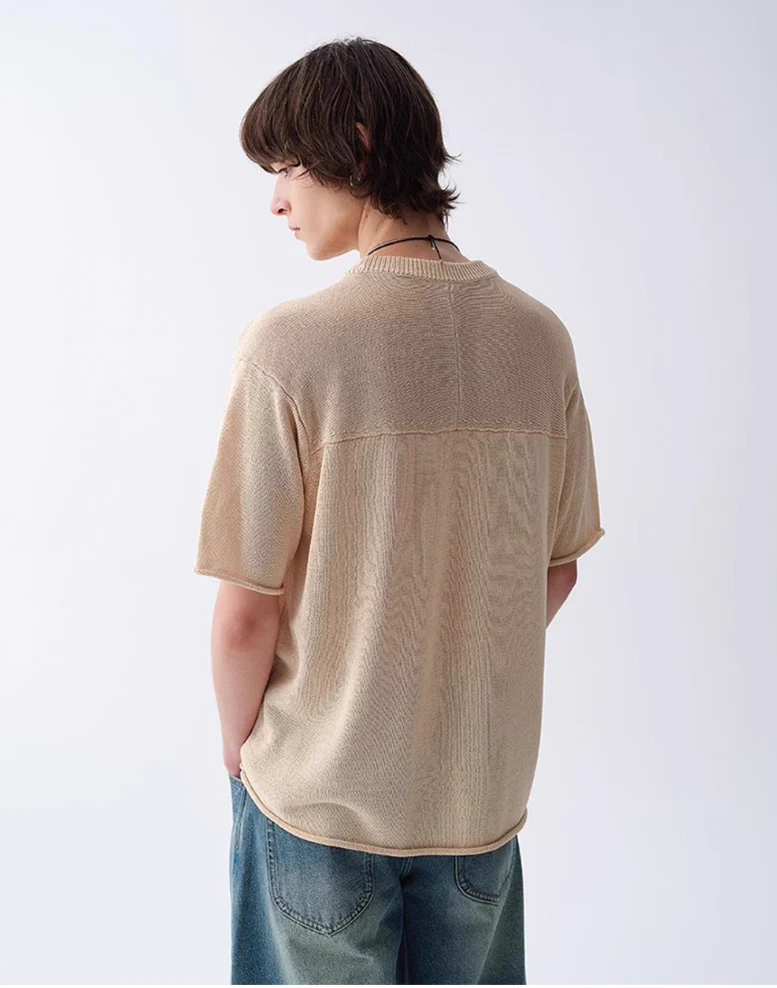 Ribbed Collar Textured Knit Drop Shoulder Tee - Image 3