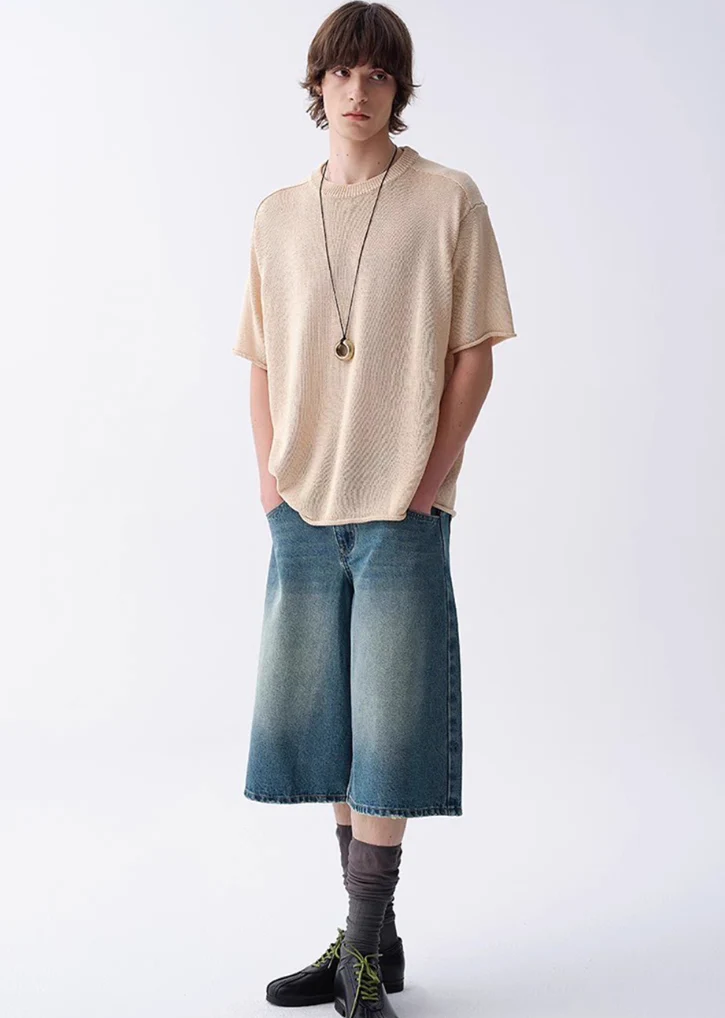 Ribbed Collar Textured Knit Drop Shoulder Tee - Image 6