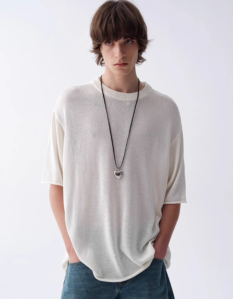 Ribbed Collar Textured Knit Drop Shoulder Tee - Image 8