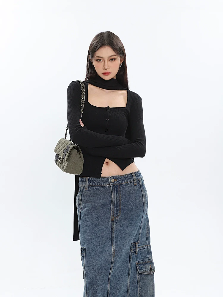 Ribbed Cropped Cardigan with Scarf Detail - Image 31