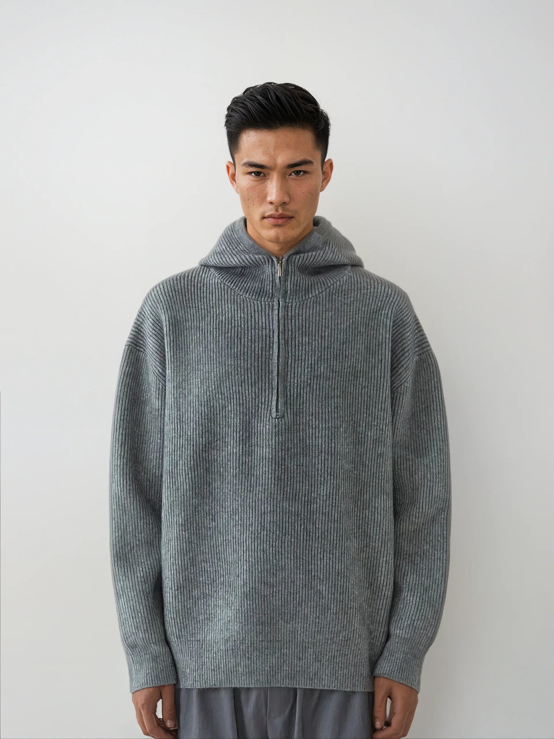Ribbed Half Zip Knit Hoodie - Image 3