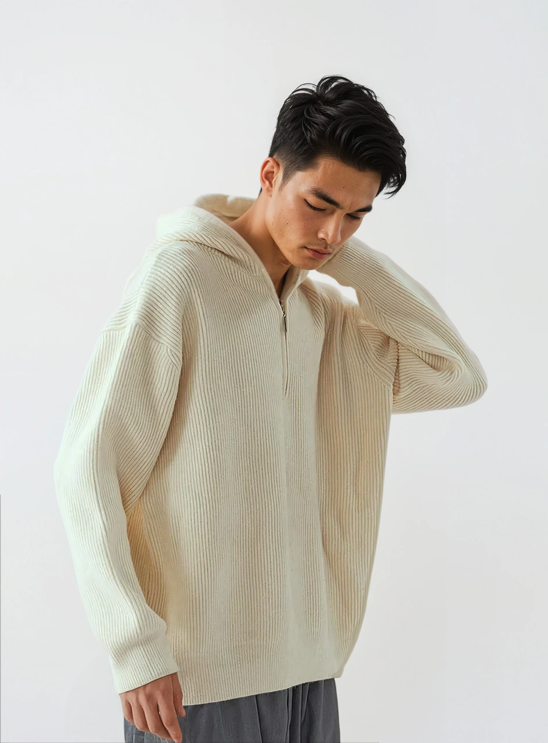 Ribbed Half Zip Knit Hoodie - Image 5