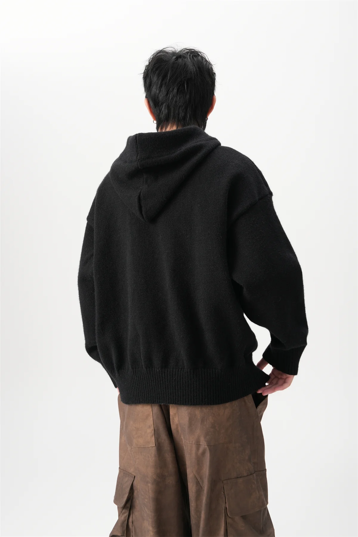 Ribbed Hem Drop Shoulder Half Button Hooded Sweater - Image 14