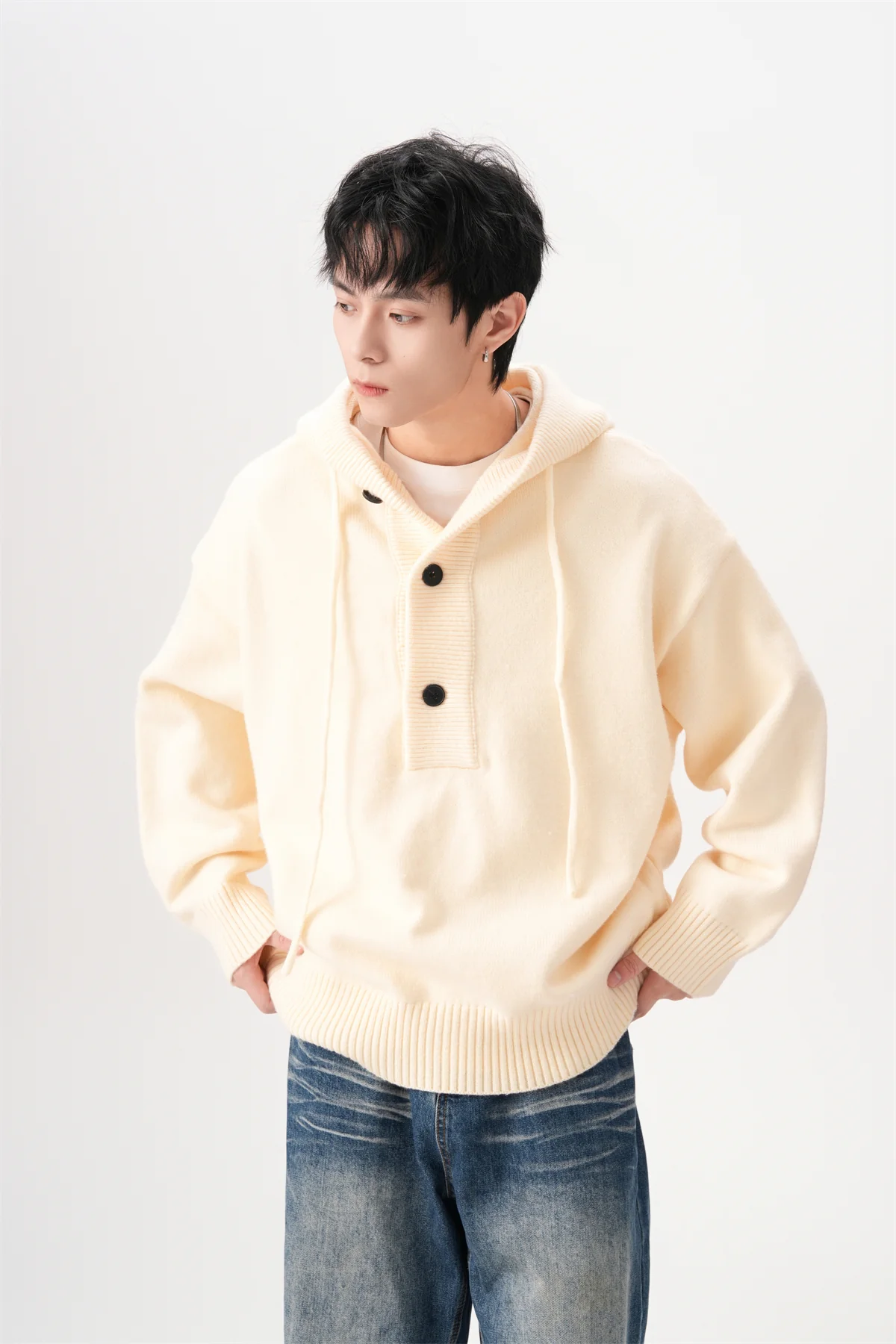 Ribbed Hem Drop Shoulder Half Button Hooded Sweater - Image 27