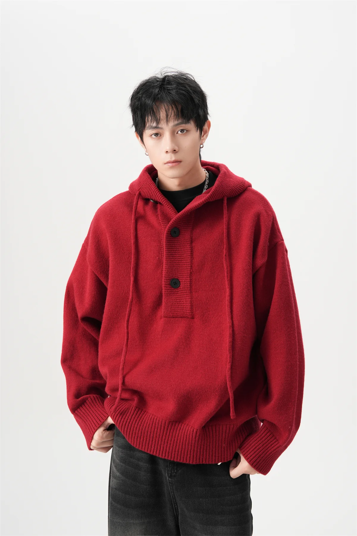 Ribbed Hem Drop Shoulder Half Button Hooded Sweater - Image 3