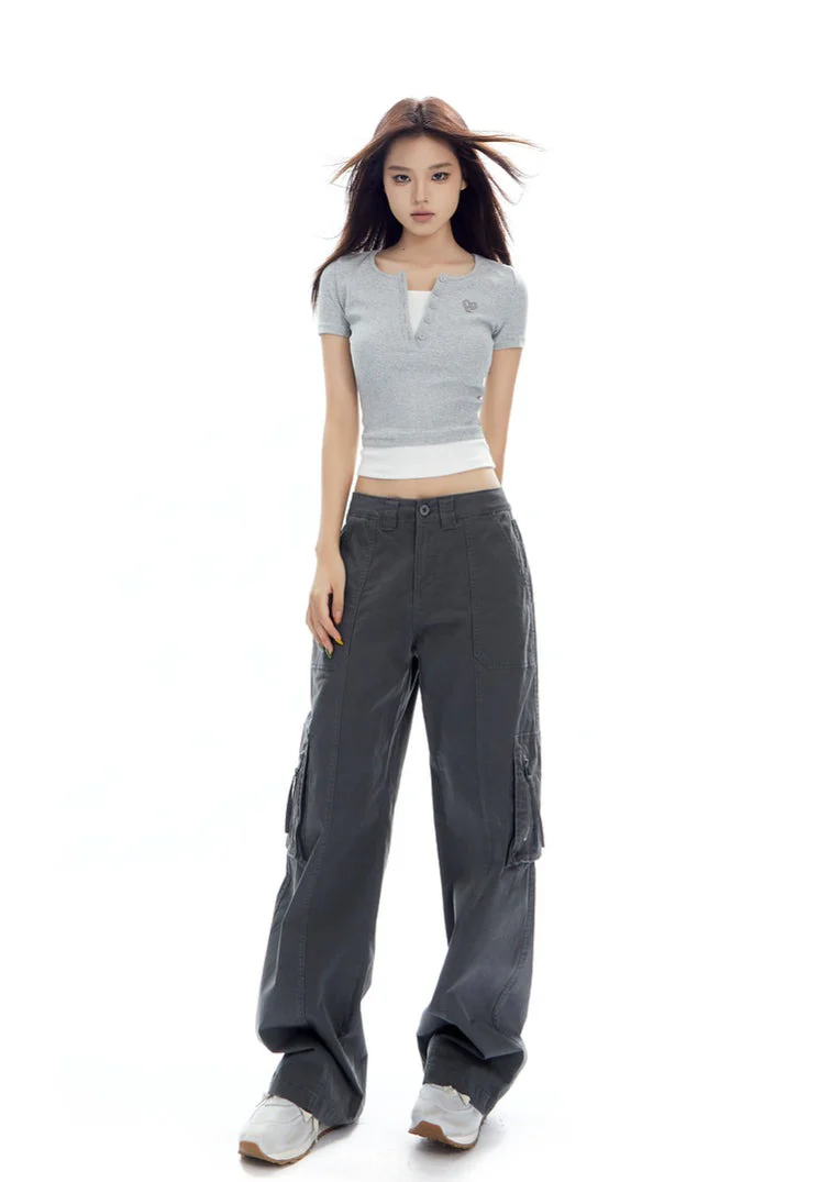Ribbed Henley Mock Two-Piece Short Sleeve Crop Top - Image 13