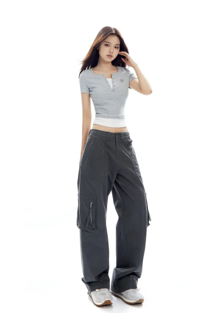 Ribbed Henley Mock Two-Piece Short Sleeve Crop Top - Image 14