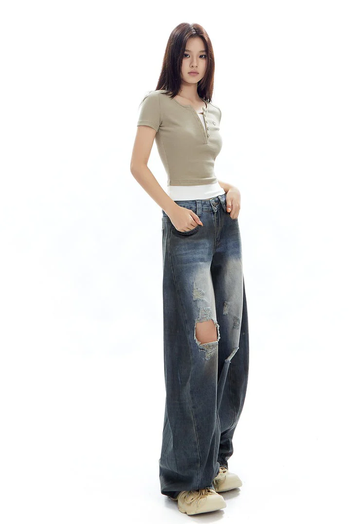 Ribbed Henley Mock Two-Piece Short Sleeve Crop Top - Image 20