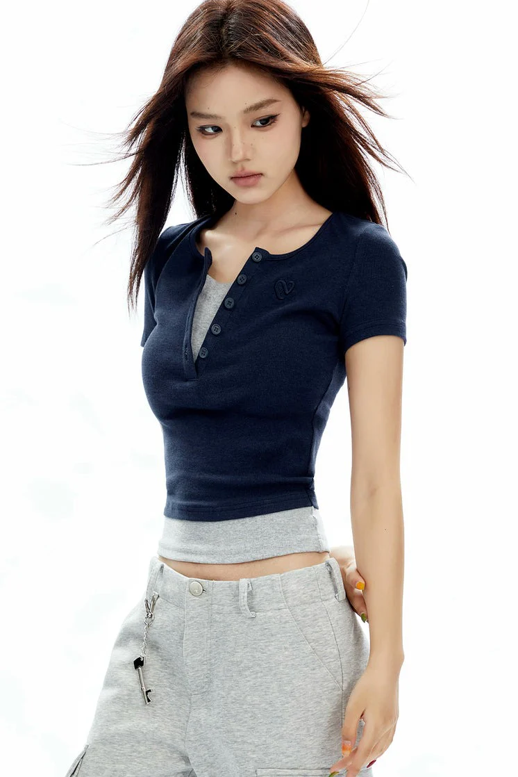 Ribbed Henley Mock Two-Piece Short Sleeve Crop Top - Image 3