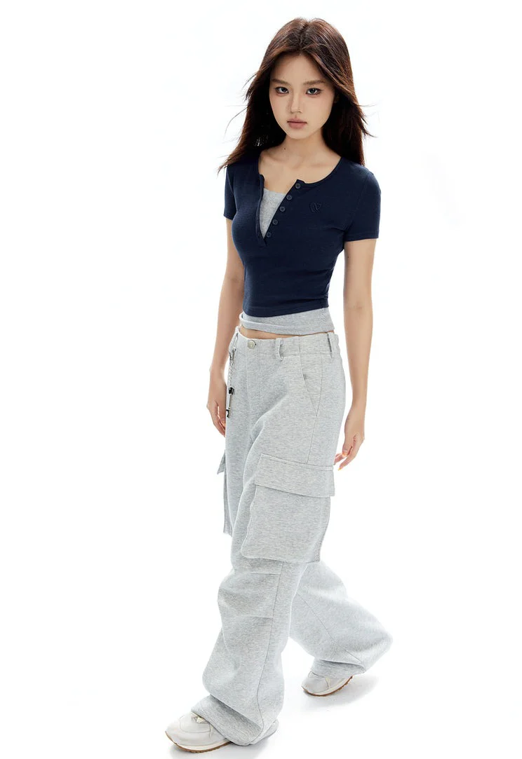 Ribbed Henley Mock Two-Piece Short Sleeve Crop Top - Image 7