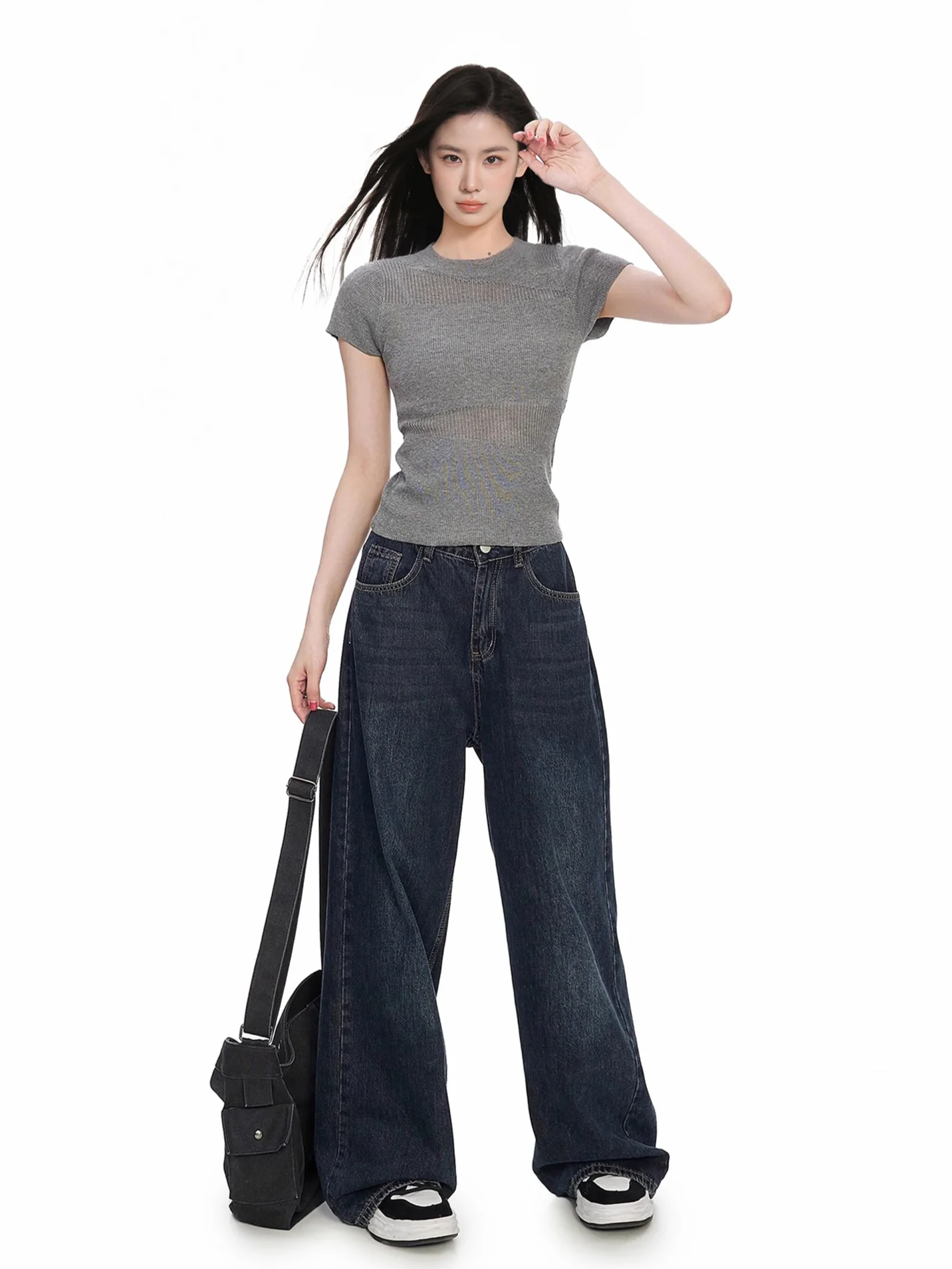 Ribbed Knit Sheer Panel Short Sleeve Top - Image 2