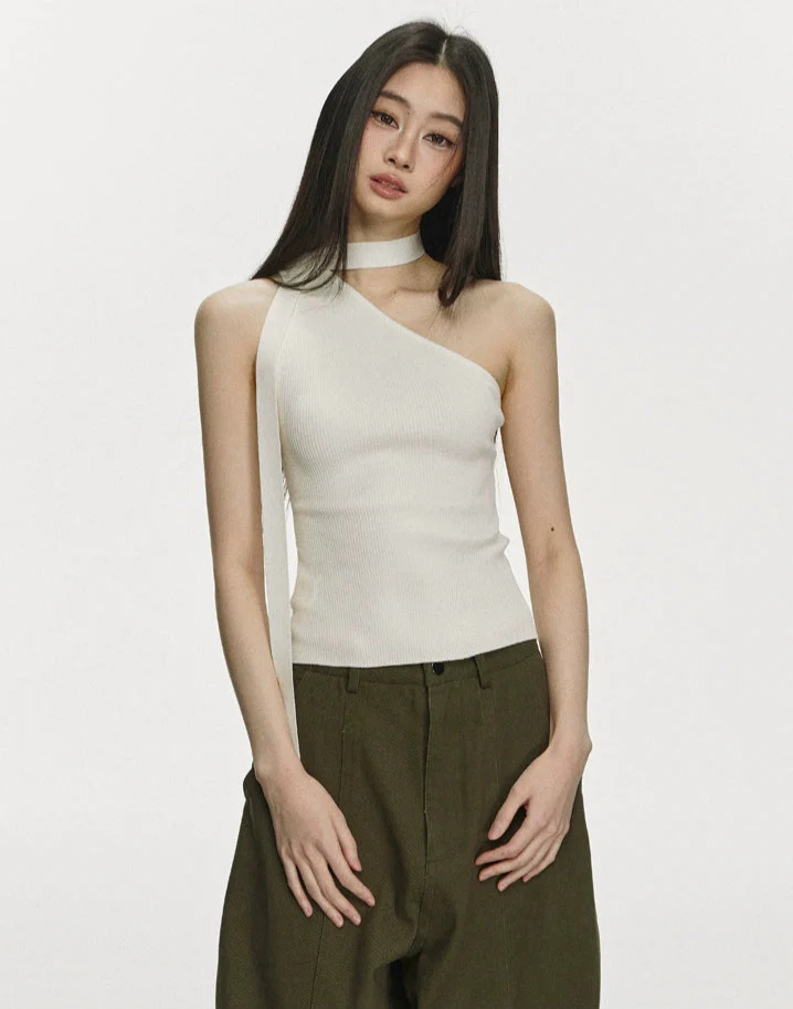 Ribbed One Shoulder Knit Top with Scarf Detail - Image 2