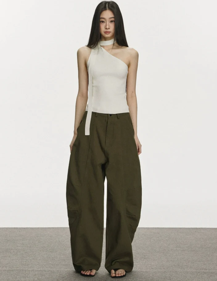 Ribbed One Shoulder Knit Top with Scarf Detail - Image 3