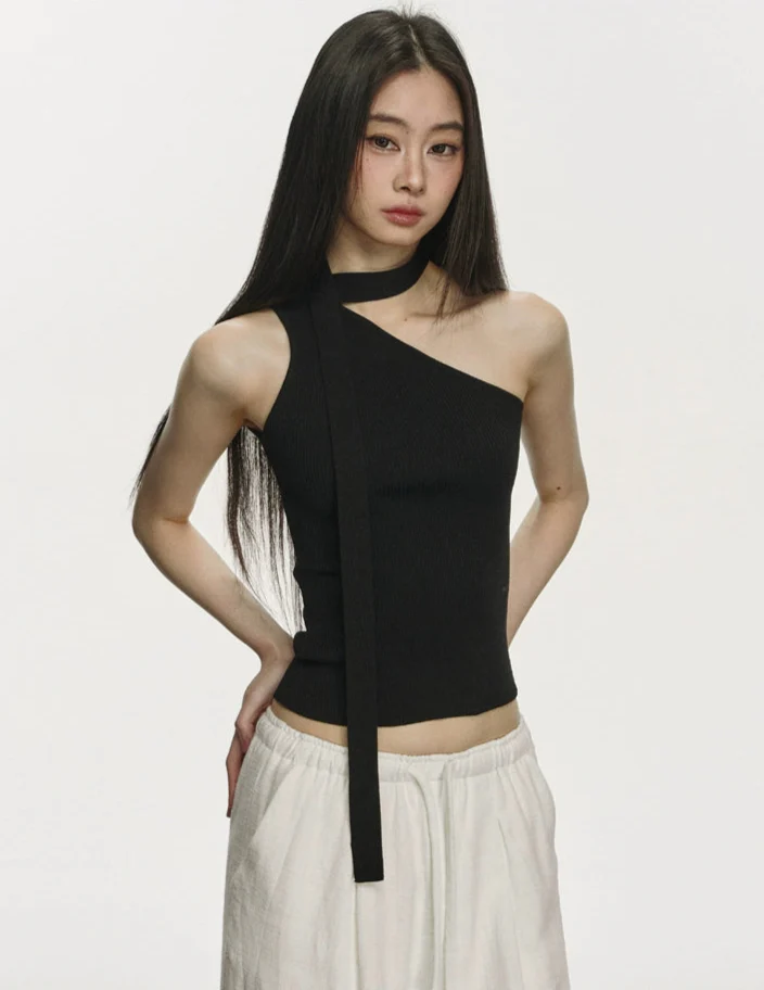 Ribbed One Shoulder Knit Top with Scarf Detail - Image 5