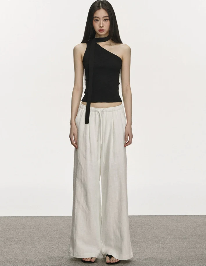 Ribbed One Shoulder Knit Top with Scarf Detail - Image 6