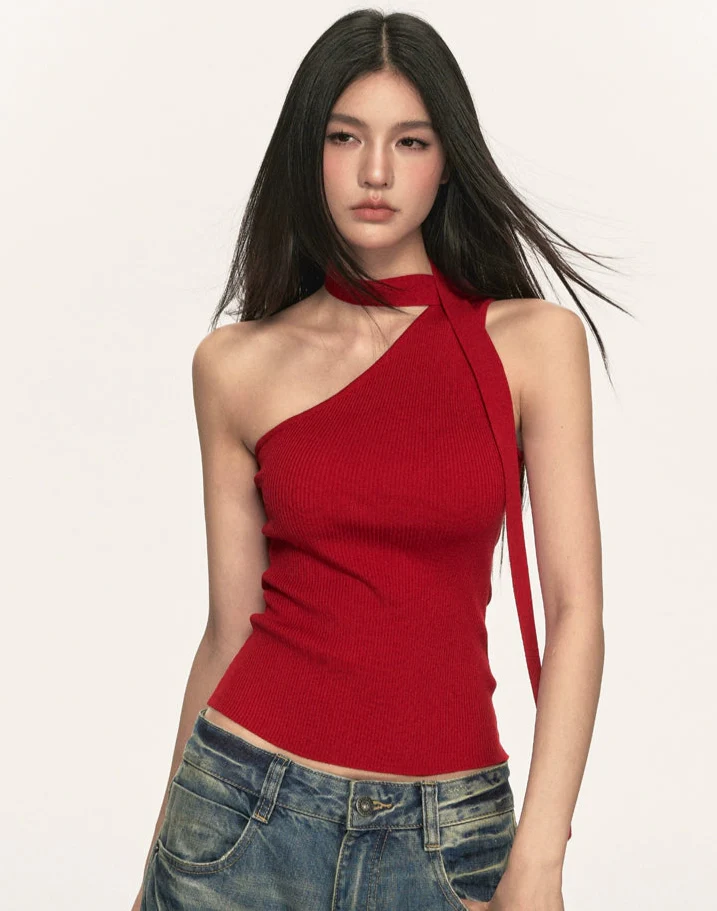 Ribbed One Shoulder Knit Top with Scarf Detail - Image 7