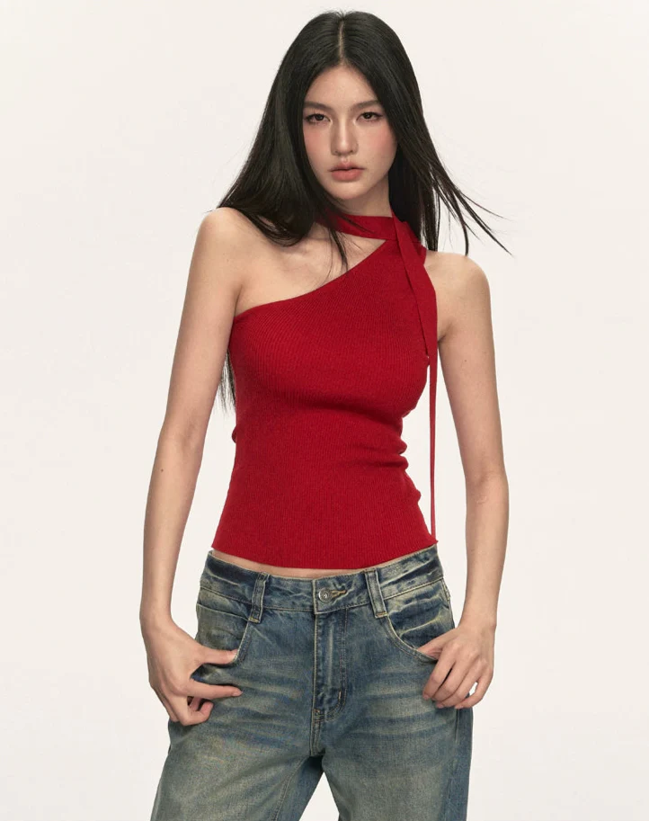 Ribbed One Shoulder Knit Top with Scarf Detail - Image 8
