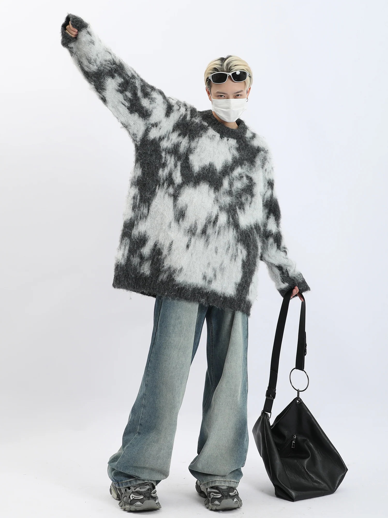 Ribbed Trim Abstract Print Fuzzy Mohair Sweater - Image 4
