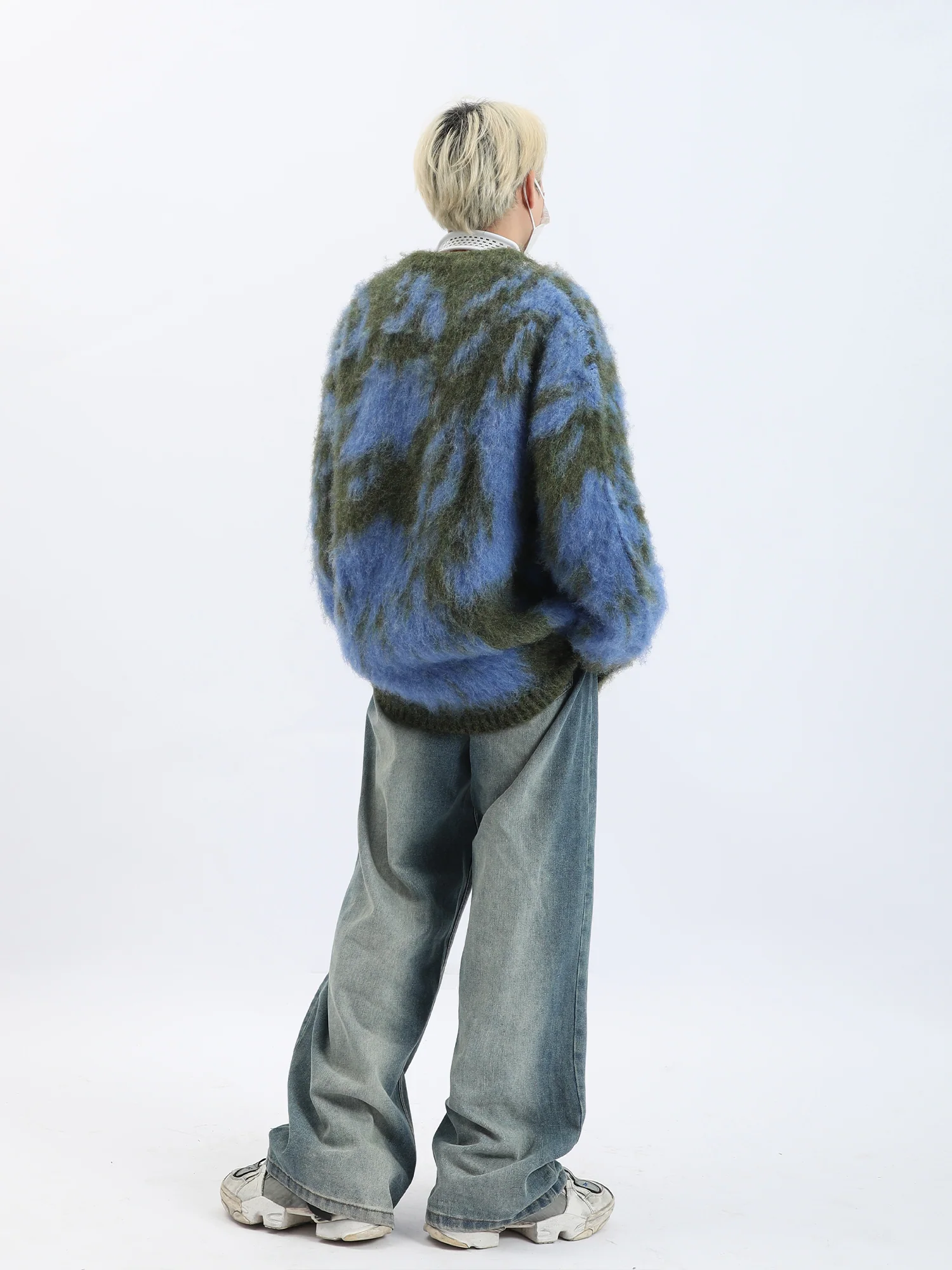 Ribbed Trim Abstract Print Fuzzy Mohair Sweater - Image 7