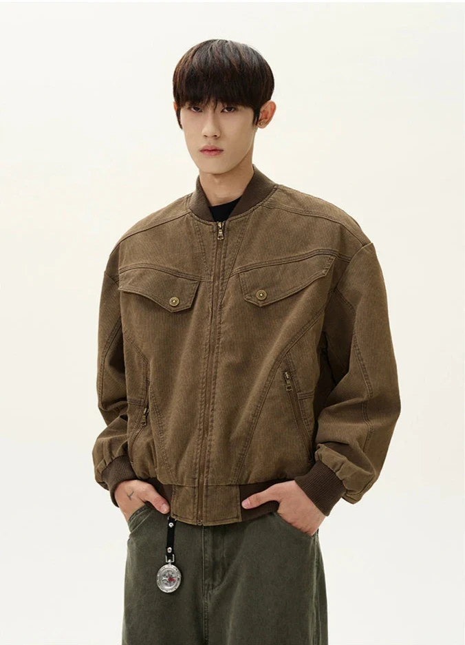 Ribbed Trim Bomber Jacket with Zip Pockets - Image 5
