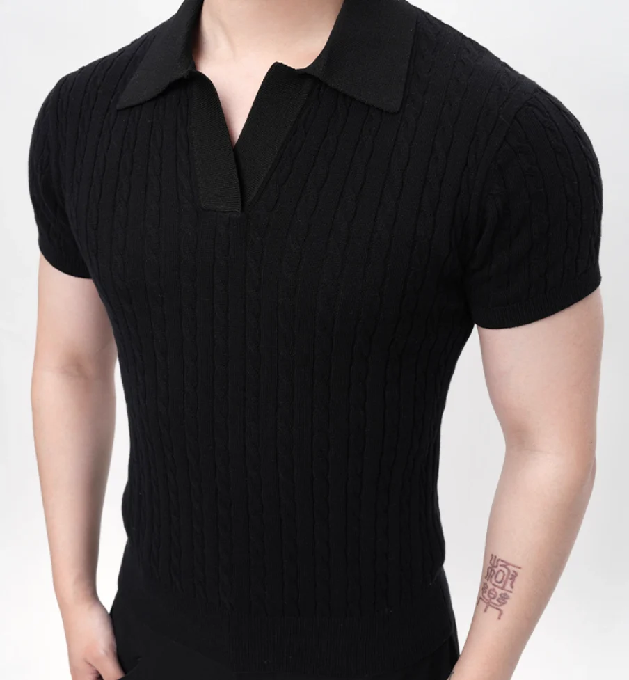 Ribbed Trim Cable Knit Pattern Polo Shirt - Image 11