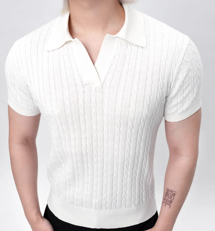 Ribbed Trim Cable Knit Pattern Polo Shirt - Image 3