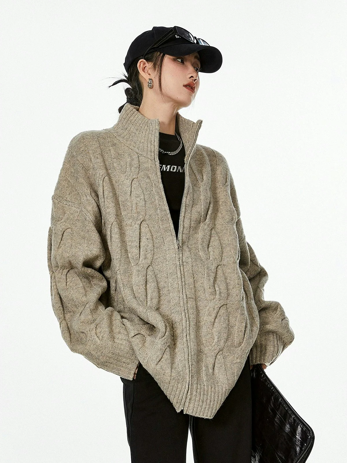 Ribbed Trim Cable Knit Pattern Zip Jacket - Image 10