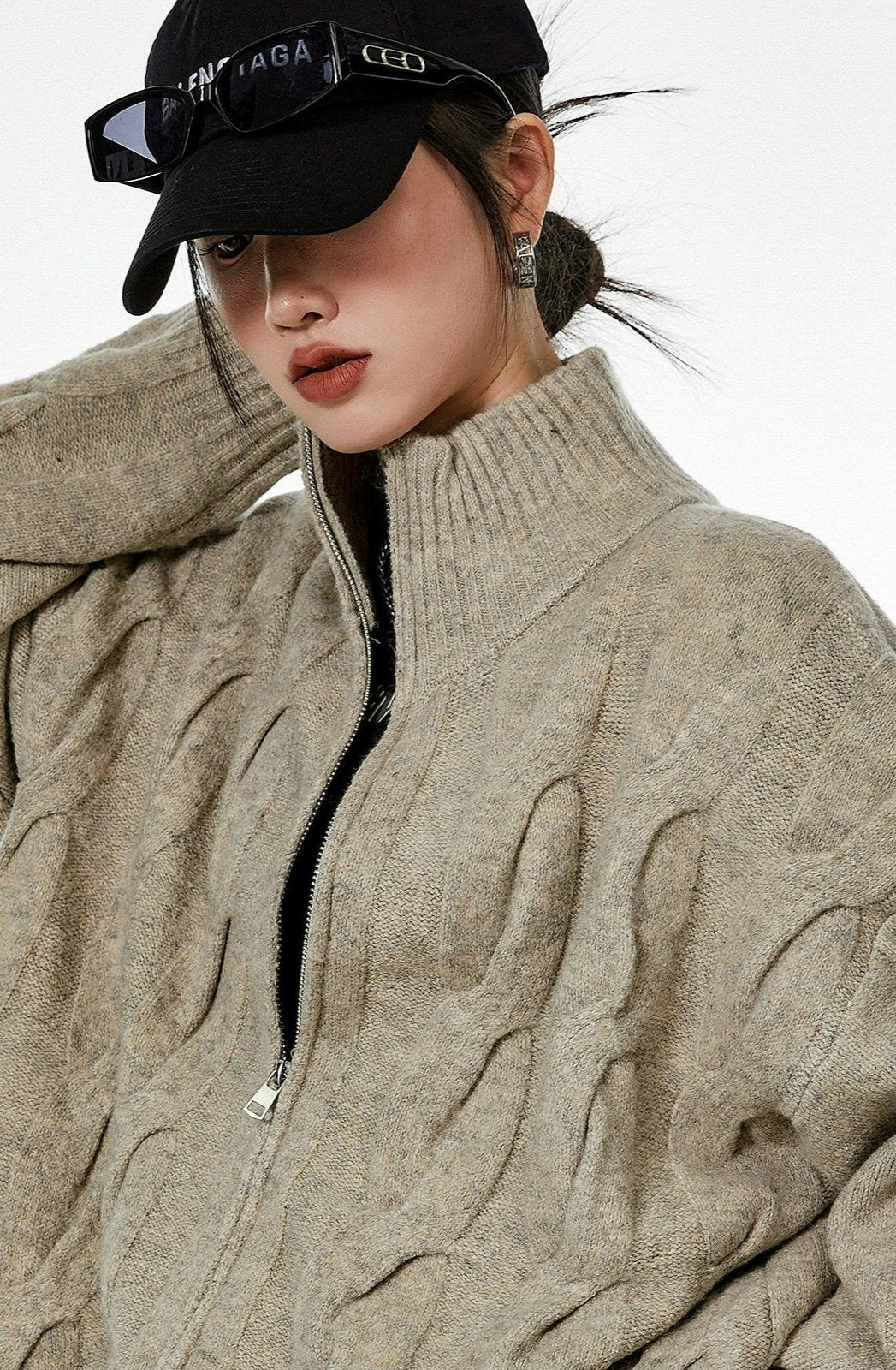 Ribbed Trim Cable Knit Pattern Zip Jacket - Image 12